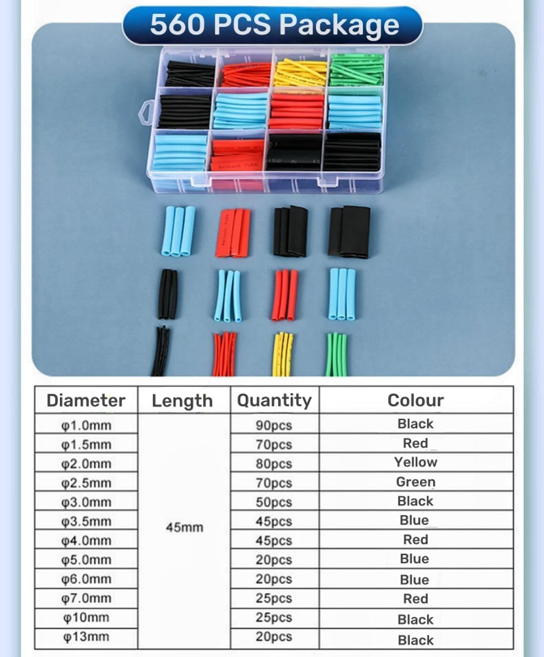 Heat Shrink Tubing Kit – 560 PCS Assorted Wire Insulation Sleeves (2:1 Shrink Ratio)