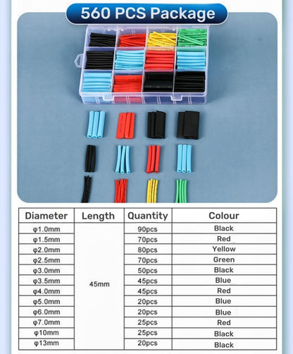 Heat Shrink Tubing Kit – 560 PCS Assorted Wire Insulation Sleeves (2:1 Shrink Ratio)