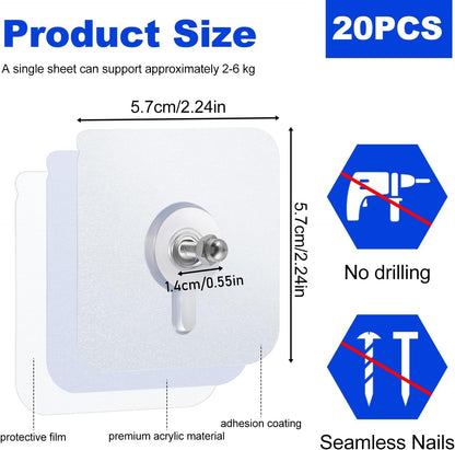 20PCS Heavy Duty Transparent Self-Adhesive Wall Hooks | Waterproof & Rustproof | No Drill Wall Mount Hooks for Bathroom, Kitchen & Home Organization