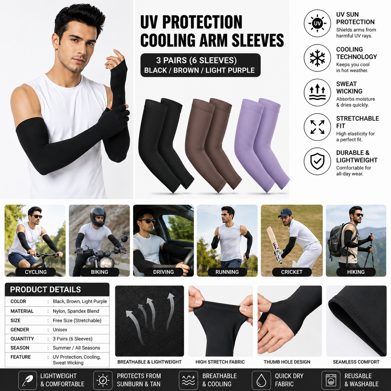 Pack of 3 Unisex Cotton Long Gloves Arm Covers (Multicolor)